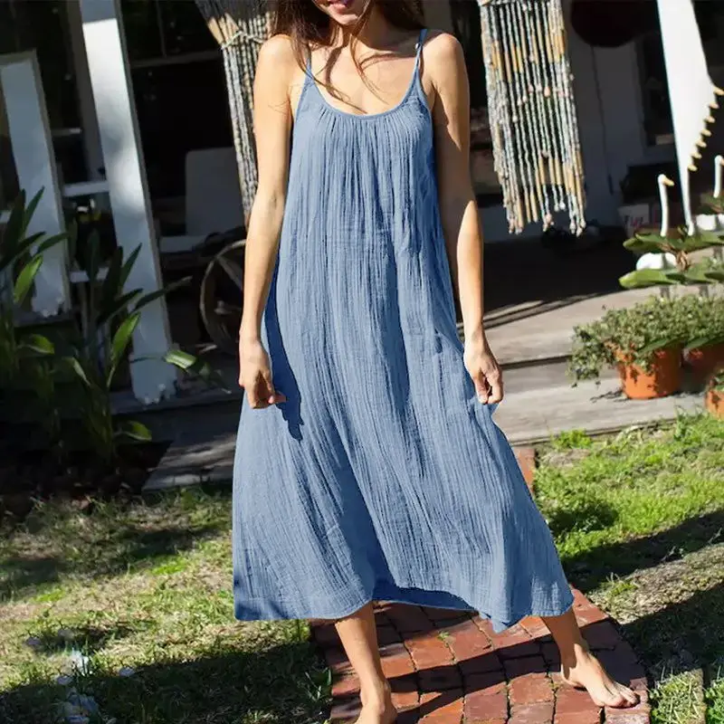 knee length dresses for ladies Mqtime Cotton Dress Summer Solid Color Cotton Linen Loose Dresses Chil –  mqtime main image 0