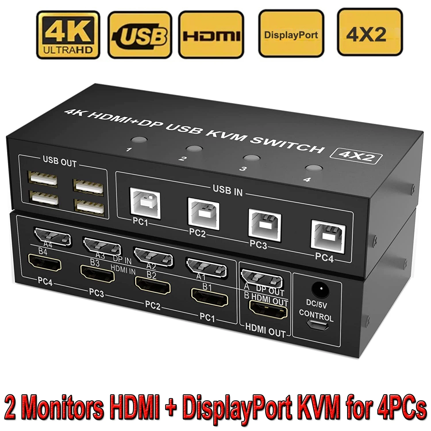 Dual Monitor 4X2 Displayport HDMI KVM Switch 4K 60Hz Extended Display