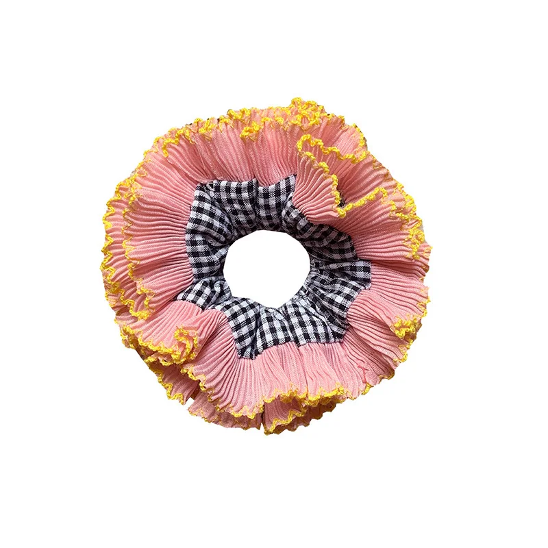 Fashion Double Lace Lace Trim Hair Scrunchies Pink Plaids Cotton Hair Ties Women Ponytail Hair Bands Large Rope