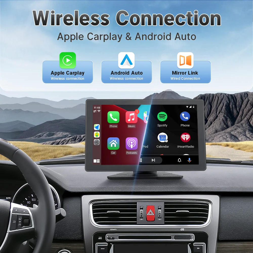 9 인치 휴대용 자동차 라디오 HD 터치 스크린 자동차 비디오 플레이어 무선 CarPlay 안드로이드 자동 후면보기 카메라 블루투스 USB FM