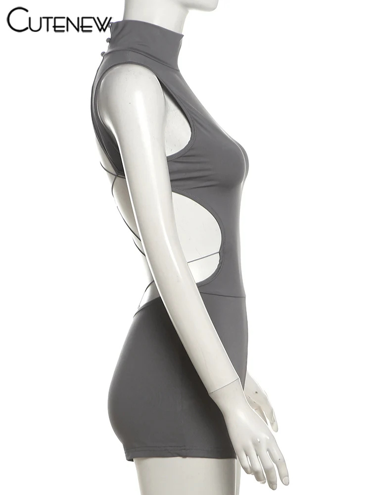 Monos sexys con espalda hueca para mujer, monos sólidos impresionantes sin mangas con cuello alto que moldean el cuerpo, ropa de calle elegante Y2K para mujer