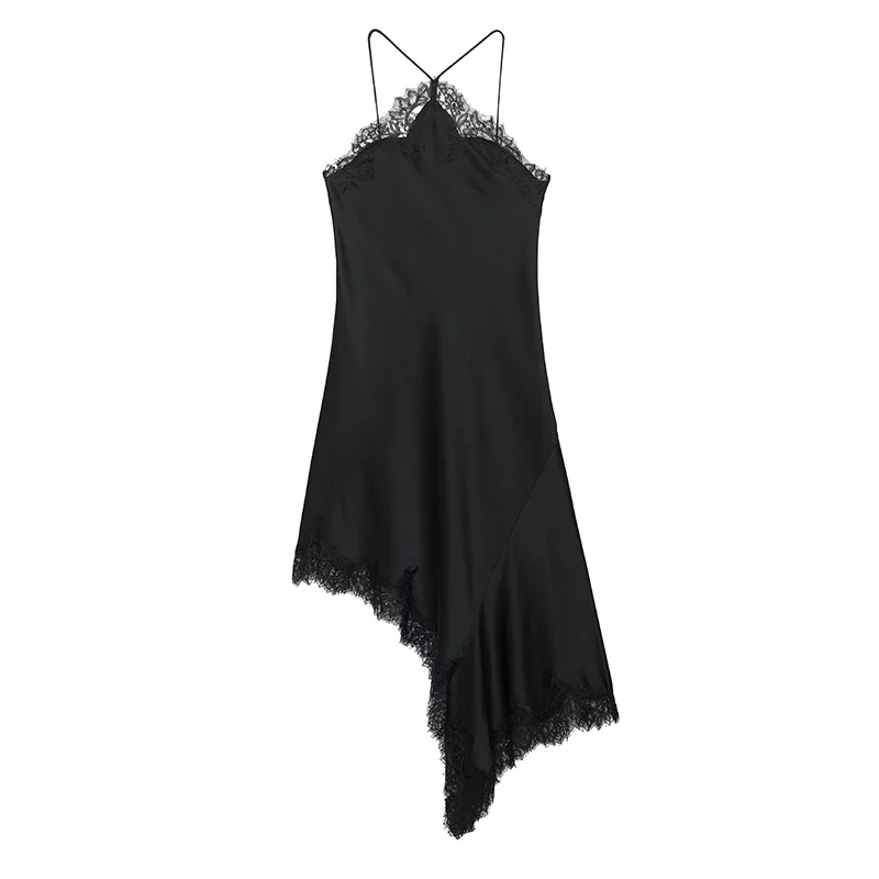 Women Sexy Lace Satin Halter Long Dress Asymmetric Hem Dress New 2025 Summer Fashion Holiday Party Beach Dresses