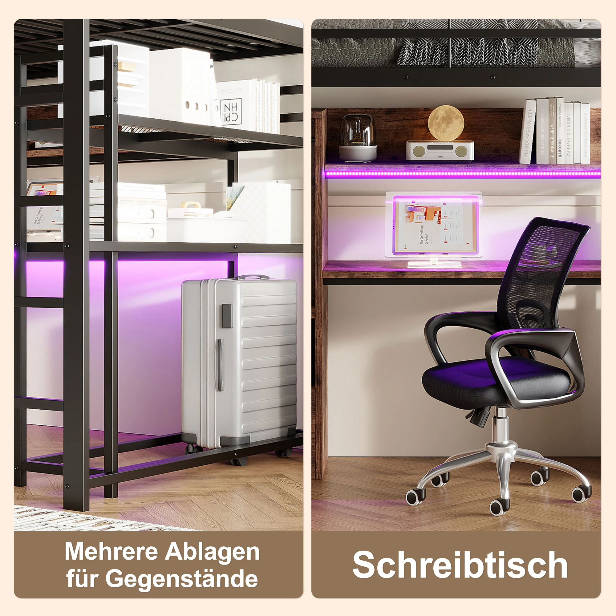 Hochbett, 140x200cm, Metallbett, mit LED-Beleuchtung, Schreibtisch, 1 Schublade, Regale, Geländer, Treppe, ohne Matratze, schwarz – Detail 7