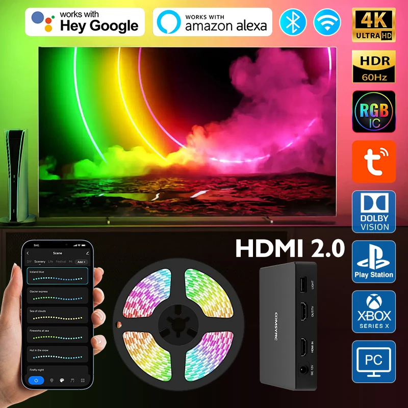 Tira de luces Led inteligente Tuya, iluminación ambiental de TV USB, caja  de sincronización HDMI, cinta de luces Led RGB, compatible con Wifi, Alexa,  4K, HDR, PS4, PS5, Xbox