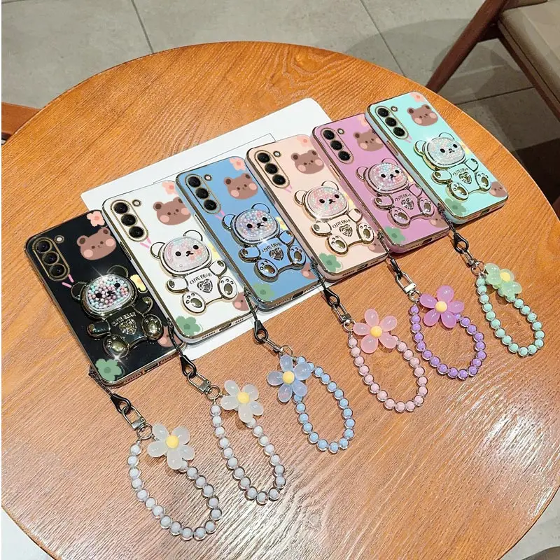 Charming Floral Bear Lanyard Phone Holder Case with Stand Feature