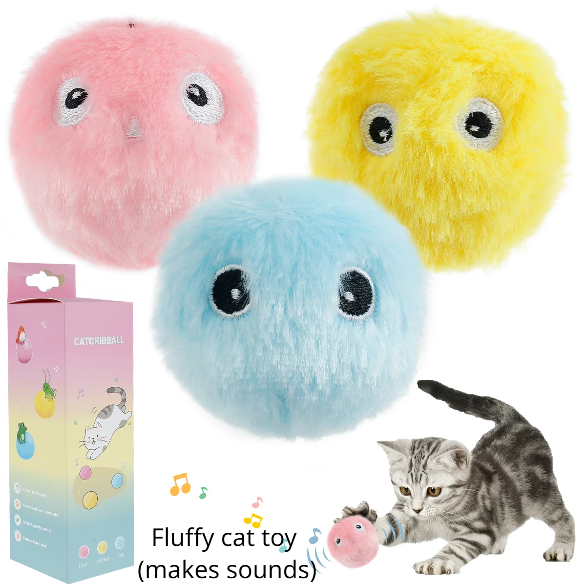 3pcsCatToysBallsFluffyPlushPlaythingSmartTriggerSqueakyCat