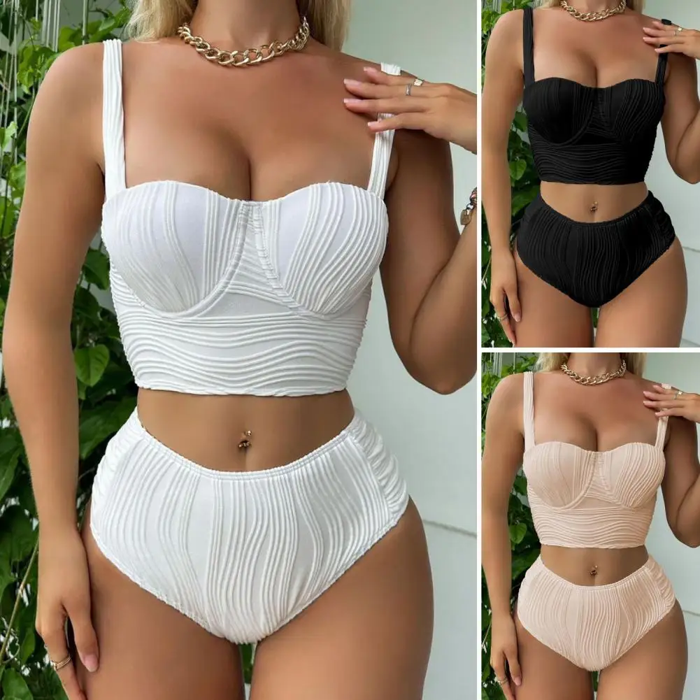 

Solid Color Bikini Set Stylish Women's Bikini Set with Underwire Bra High Waist Swim Trunks Solid Color Beachwear for Summer Fun