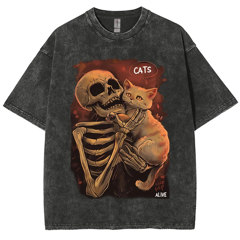 

Cartoon Skull Hugging Cat Print Vintage T-Shirt Men's And Women's Unisex Oversized Short Sleeve Casual Fashion Teen Basic Tee