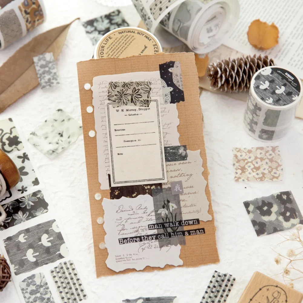 1롤 크리에이티브 DIY 빈티지 꽃무늬 풍경 재료 콜라주 와시 테이프 저널 문구류