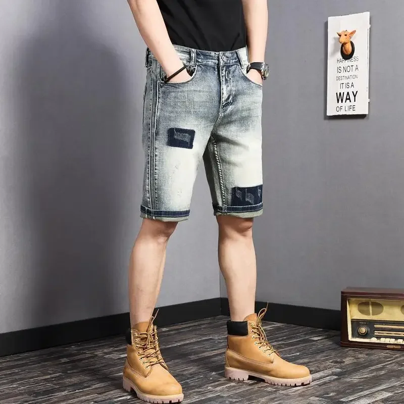 Straight Skinny Man Denim Shorts Ripped Slim Graphic Long Short