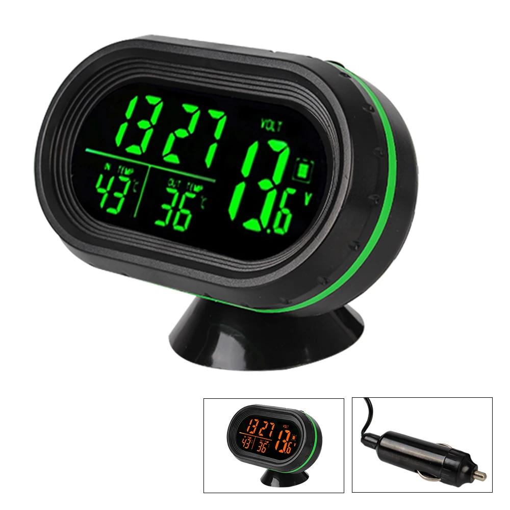 LCD Display Car Styling Green Orange Backlight 3 IN 1 Thermometer Clock Voltmeter Car LCD Digital Display Clock Freeze Alert Self Adhesive