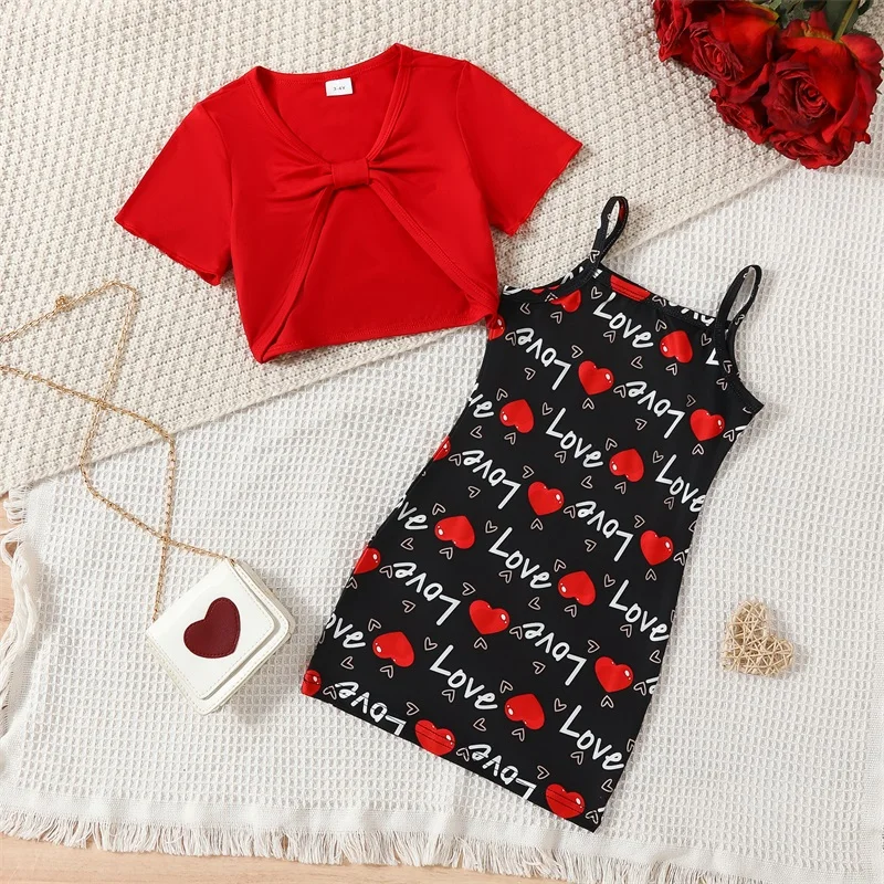

Летний костюм для маленьких девочек 3-7 лет, женское платье без рукавов и короткий топ, комплект из 2 предметов, на День святого Валентина