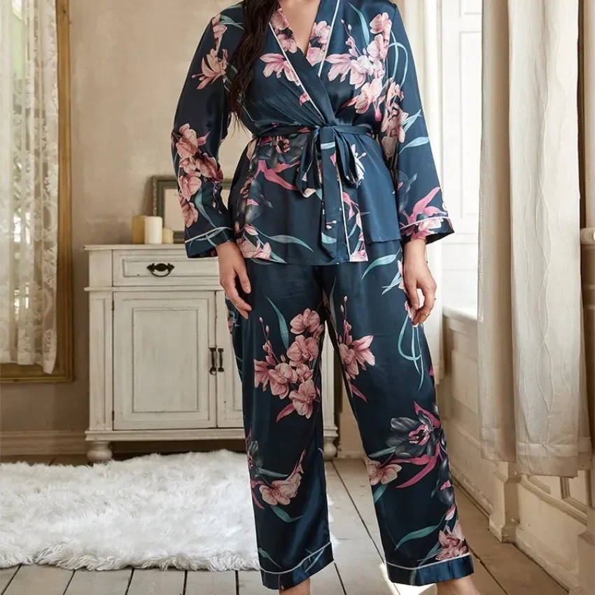 Sexy Large Size XL-5XL Sleepwear Flower Print Women Nightwear V-Neck Robe Pant Set Spring Summer Loose Lounge Wear Woman Clothes