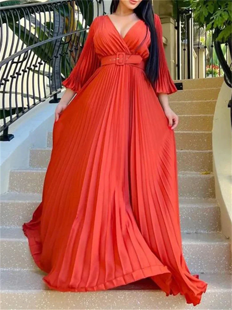 Wmstar Women Long Dress Deep V Neck Long Sleeve Pleated Solid Color A-Line Evening Gowns Wedding Party Floor Length Maxi Dresses