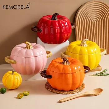 50Oz Ceramic Dutch Oven Pot with Lid Pumpkin Shaped Dish for Halloween Ceramic Pumpkin Pottery Saucepan No Open Flames Stockpot