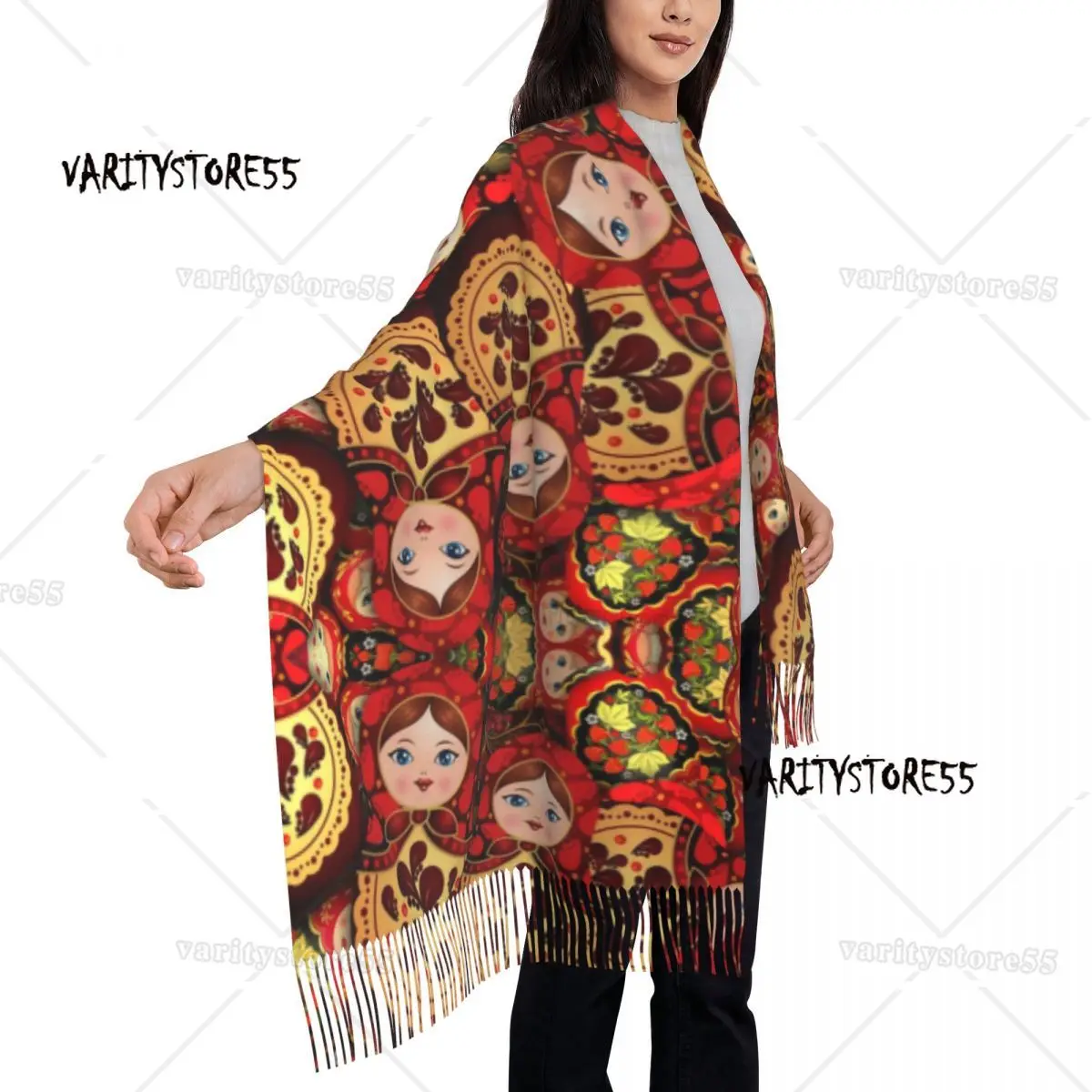 Russia Matryoshka Doll Tassel Scarf Women Soft Russian Folk Art Babushka Pattern Shawls Wraps Lady Winter Scarves