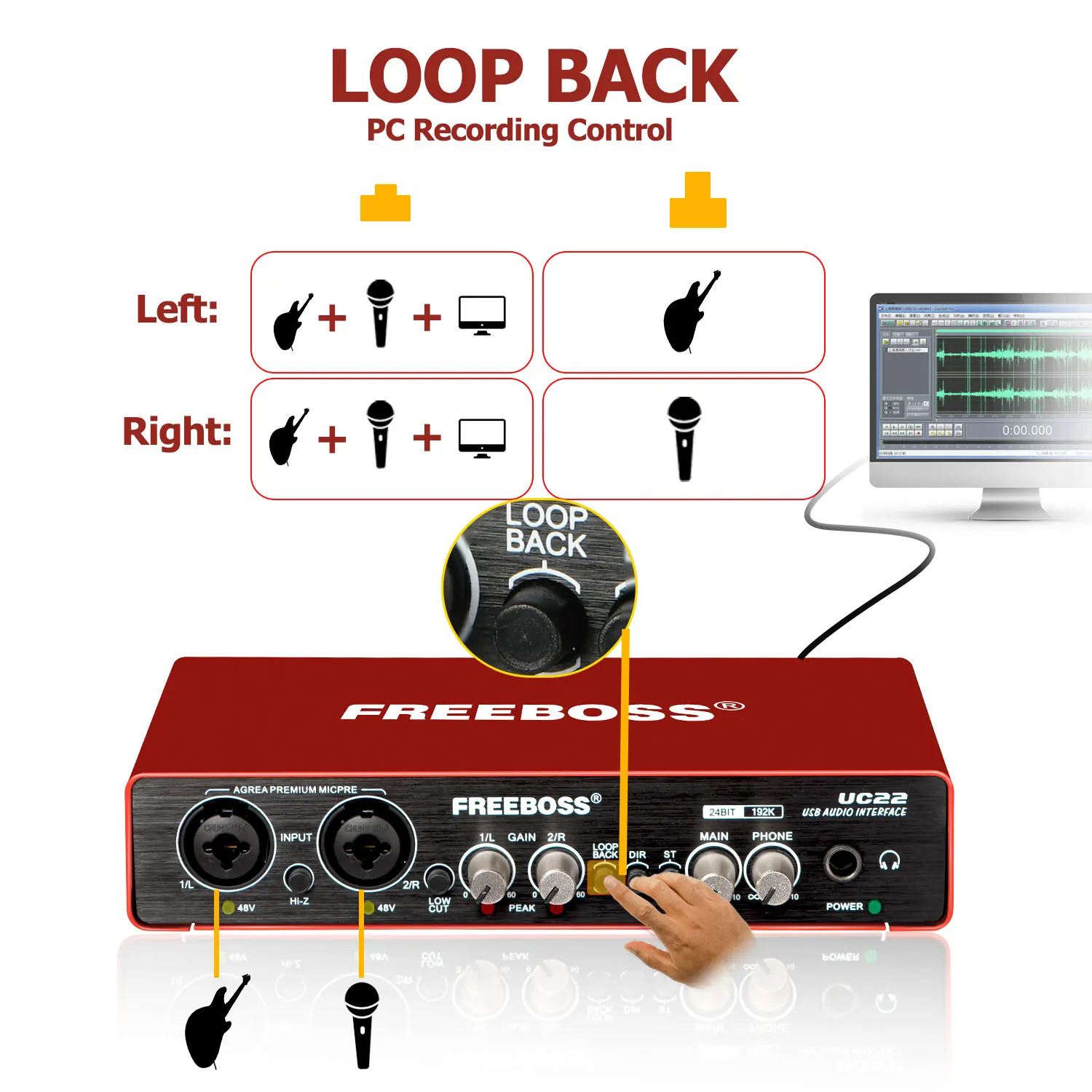 FREEBOSS 24Bit 192KHz Audio Interface Professional Stereo Recording Loopback Guitar USB External Sound Card 48V 2 Mic Input UC22