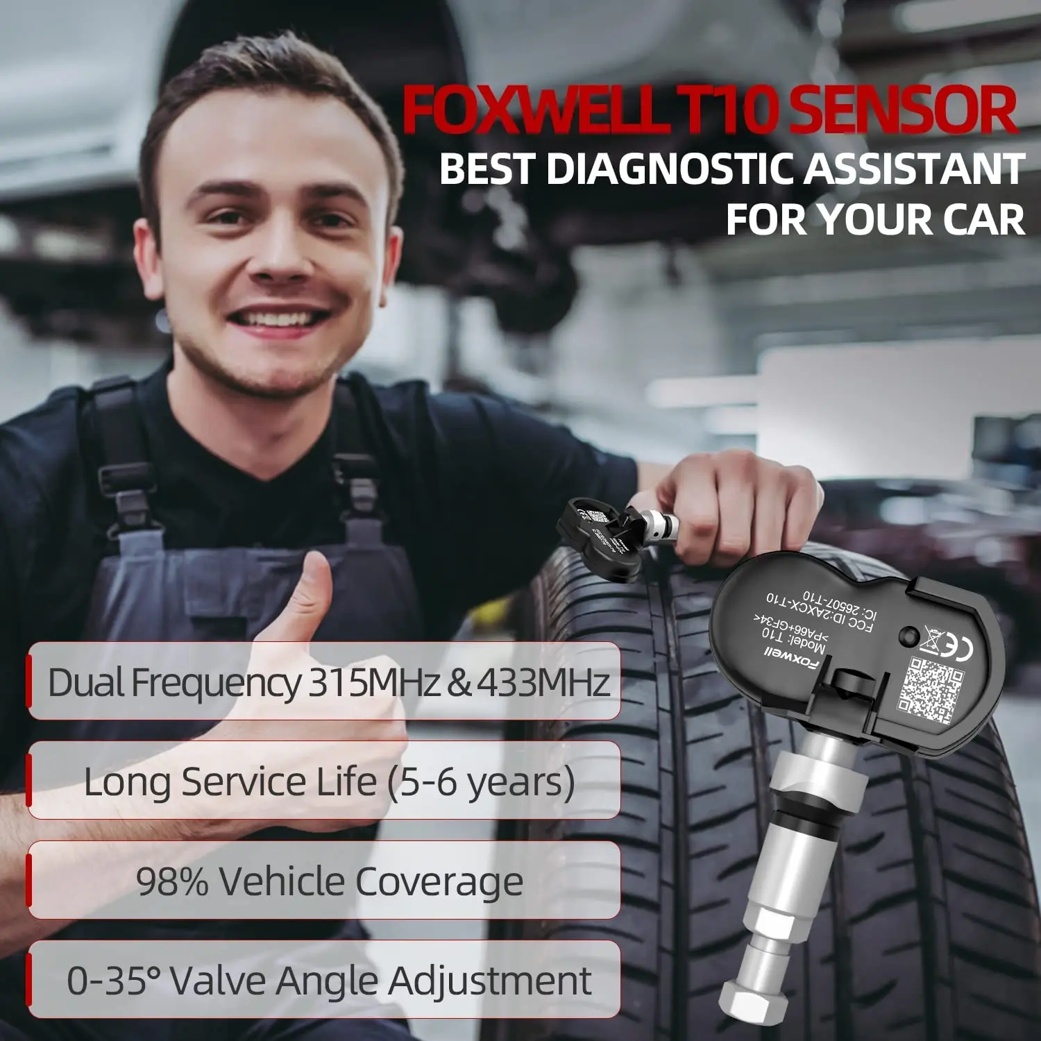 Foxwell 범용 프로그래밍 활성화 타이어 압력 모니터 테스트 수리 도구, T10 MX 센서 TPMS, 2 in 1 433MHz 315MHZ OE 레벨
