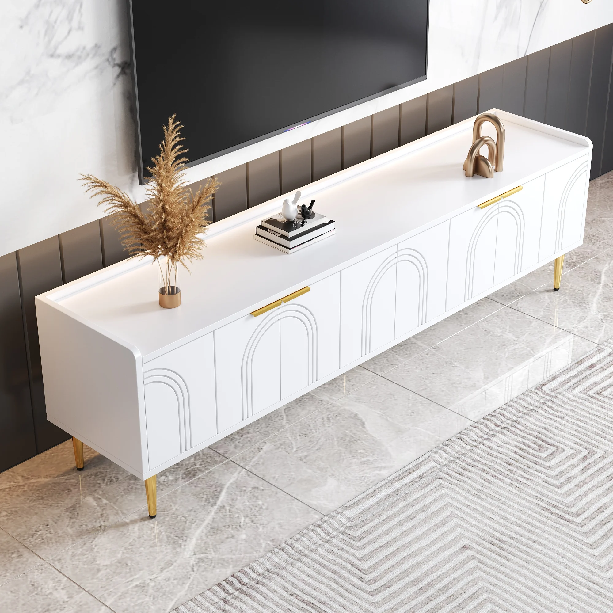 TV-Schrank, Lowboard mit strukturierter Tür, TV-Möbel, goldene Griffe und goldene Füße, 170 l x 35 B x 47,5 H (cm) – Detail 9