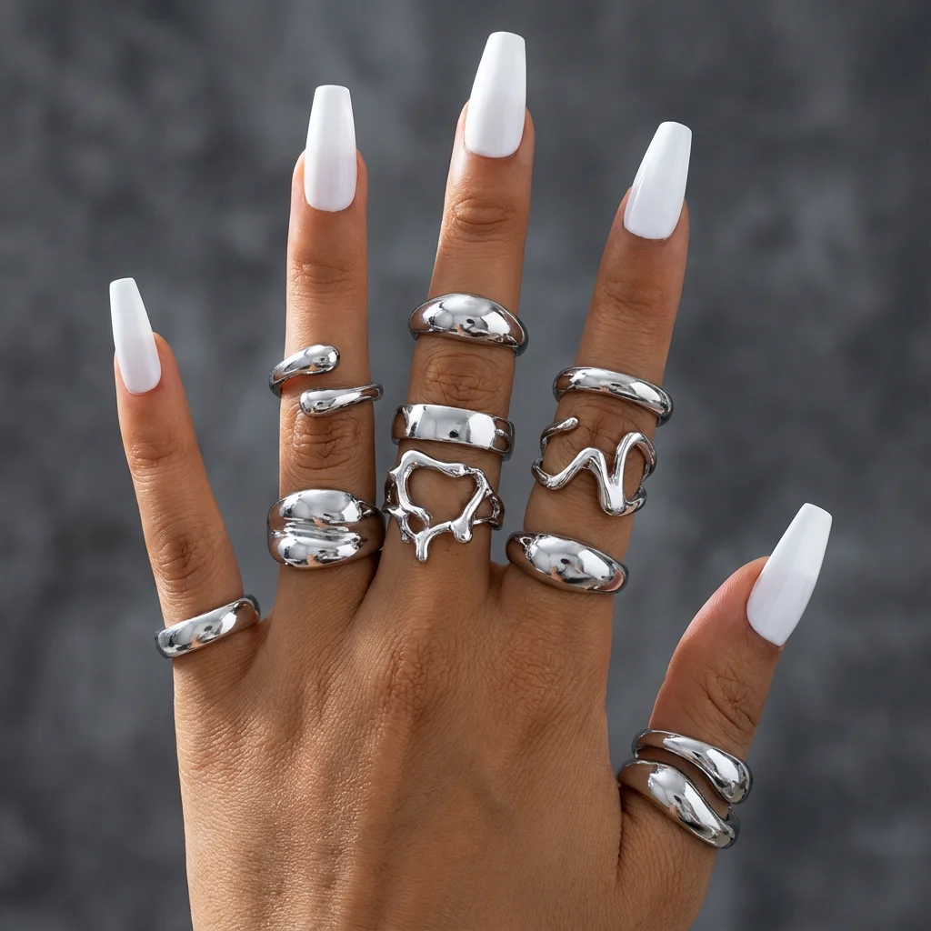 15-teiliges Y2K Flüssigmetall Unregelmäßige Ringe Set für Frauen Silberfarben Punk Grunge Goth Geometrische Offene Ringe Kit Party Schmuck Geschenk