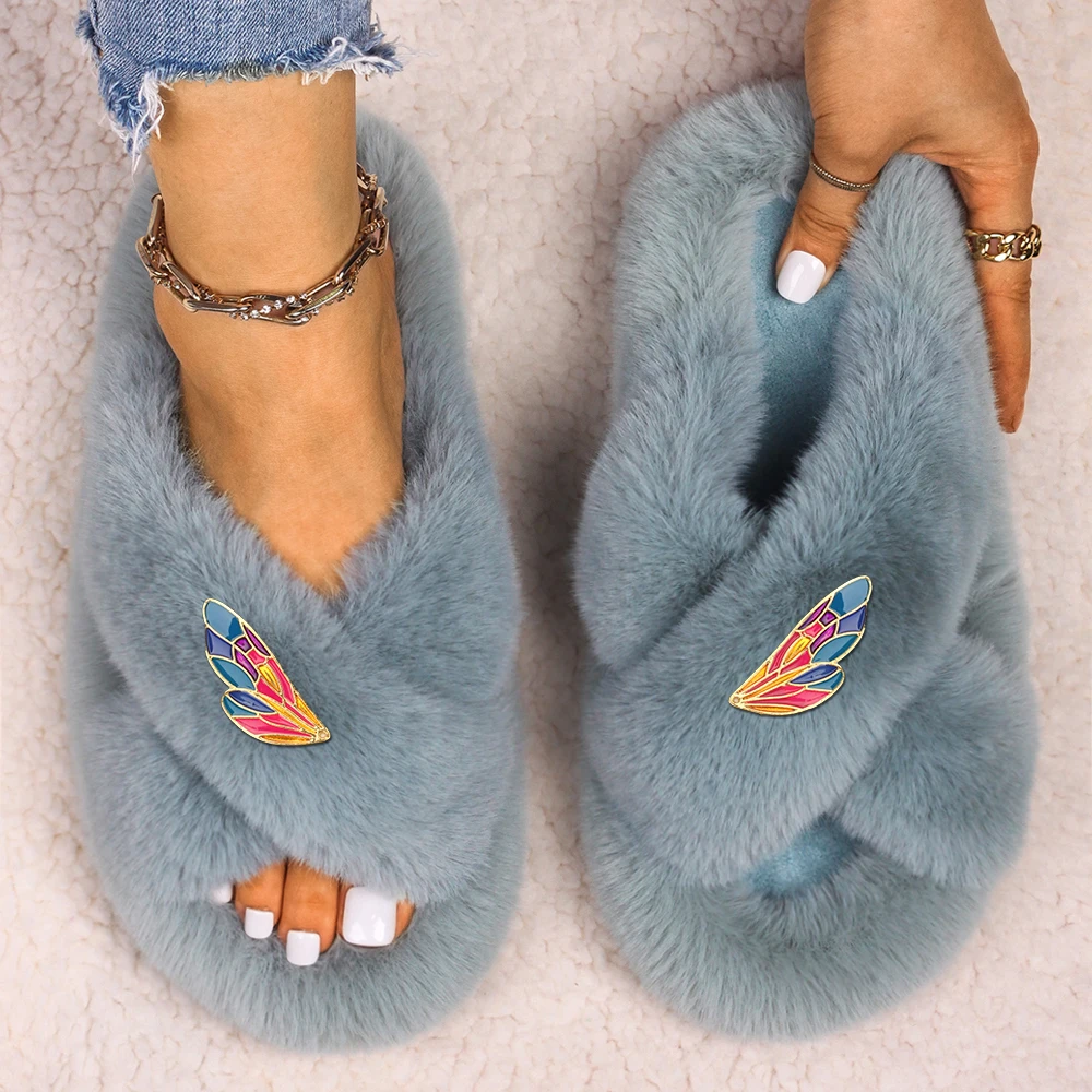 Slippers Women Fluffy Slides Colorful Wings Decor Luxury Designer Sandals Ladies Faux Fur Flip Flops Flat Slippers Furry Shoes