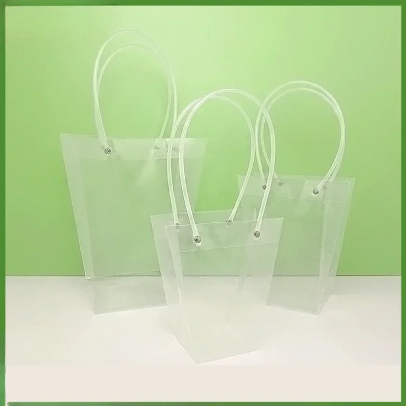 

10pcs PVC Transparent Portable Gift Packaging Bag Square Trapezoid Flower Handle Festival Plastic Waterproof Storage Packing Bag