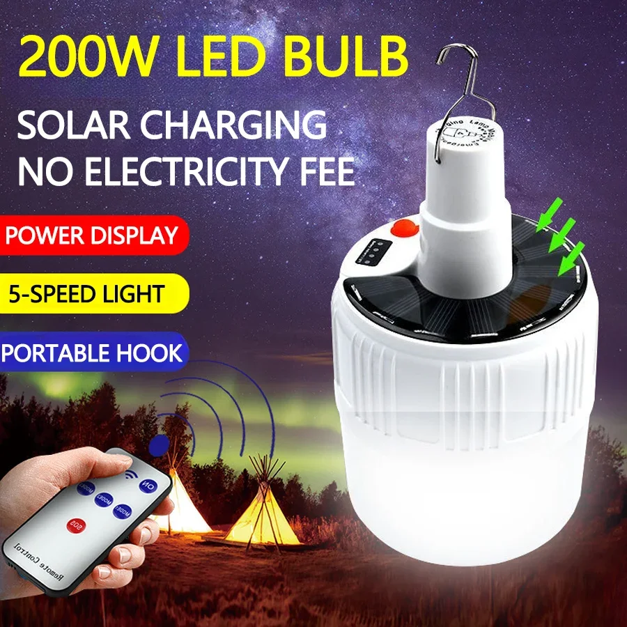 Solar Powered LED Camping Light Bulb with USB Rechargeable 200W High-power 5-speed Light Outdoor Hook Tent Energy-saving camping light portable lanterns camping lamp camping lantern
