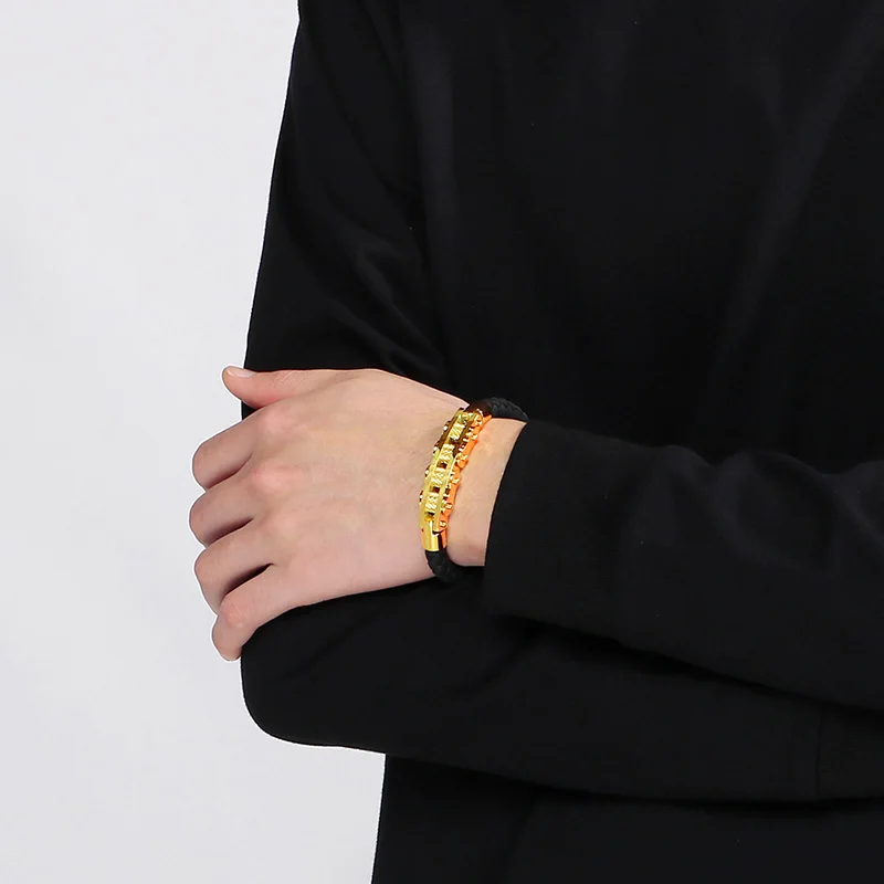 Vintage Stainless Steel Bicycle Chain Bracelet for Men Punk Woven Charm Leather Bracelet Gift Trend Party Jewelry