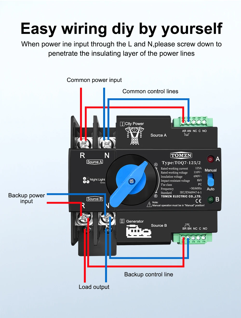 Din Rail ATS 110V 120V Dual Power Automatic Transfer Electrical Selector Switch