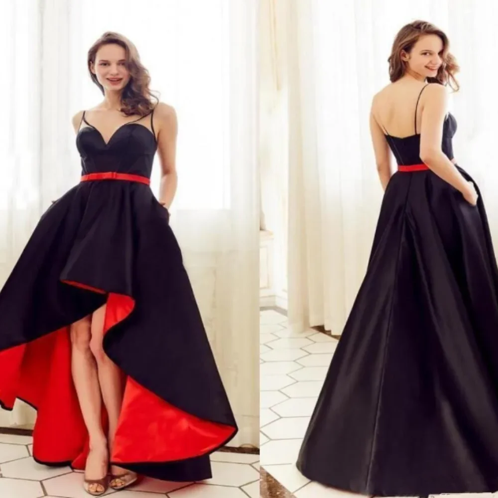 

Black Red Satin Party Prom Gowns V-Neck Belt Spaghetti Straps Asymmetrical Evening Dress Formal Occassion Dress Vestido De Noche