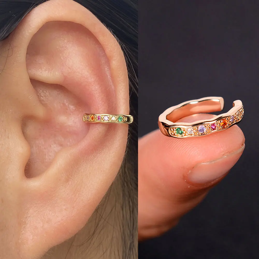 Ear clip earrings 1Piece geometry rainbow CZ cuff wrap clip on earrings women girls climber ear cartilage bone clips fake earring non piercing