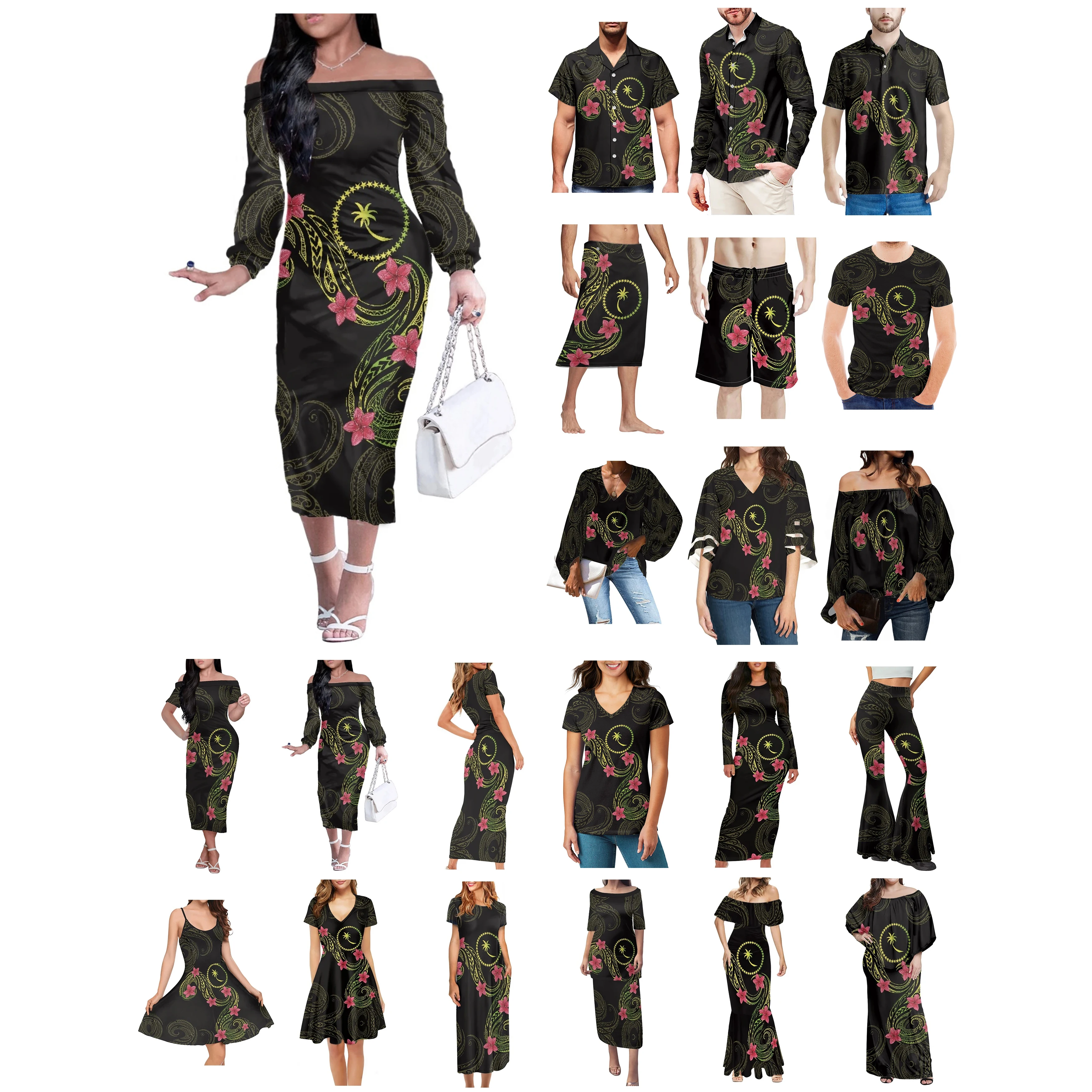 

Polynesian Chuuk Tattoo Prints Clothes Women Dress Matching Men Shirt New Style Comfort Breathable Plumeria Black Lovers Clothes