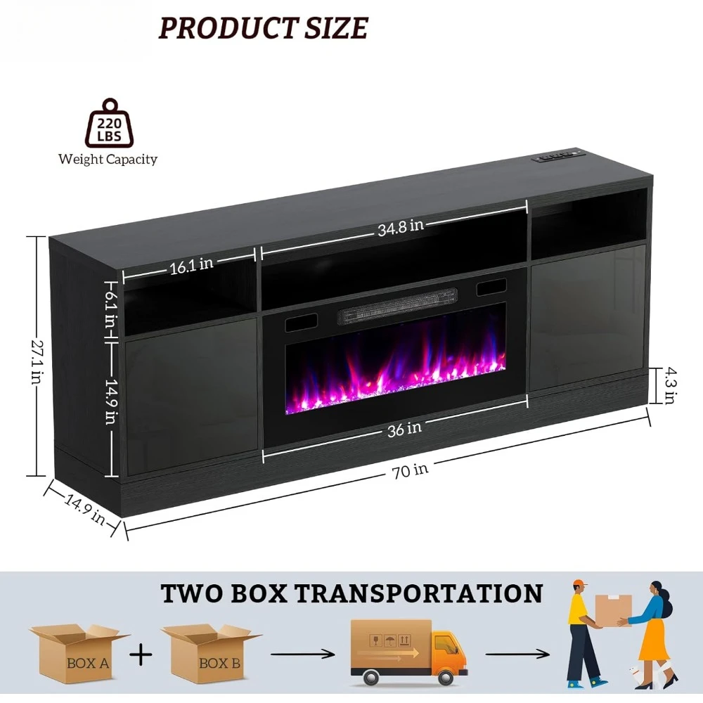 Electric Fireplace TV Stand-Led Entertainment Center-70 inch Stand with 36" Electric Fireplace-Living Room Cabinet with Storage 6
