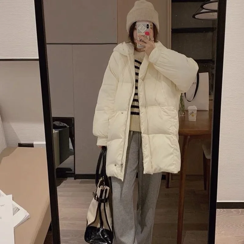 Korean Style Winter Woman Jacket Thickened Loose Bread Down Coat 2022 New Fashion Mid-length Quilted Hooded Coat new men s coat hooded cardigan two piece set leisure large middle aged korean fashion winter plush thickened sportswear man