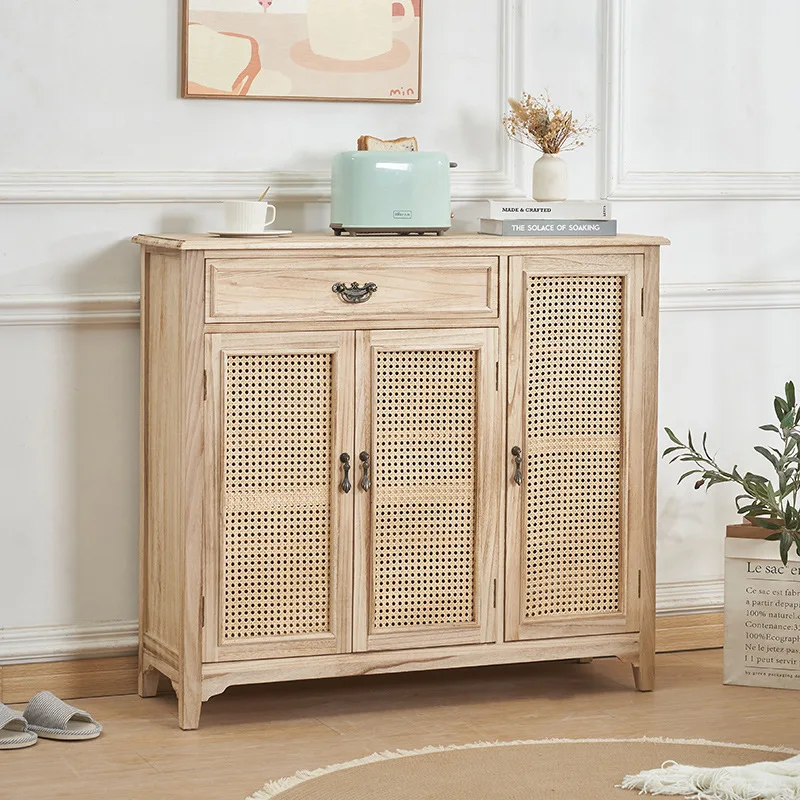 

Door solid wood shoe cabinet household entrance porch cabinet large capacity chest of drawers with door locker simple rattan buc