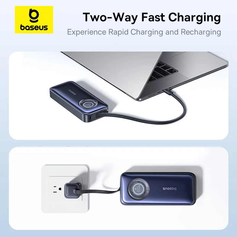 Baseus 100W 20000mAh Power Bank Built-In Retractable USB-C Cable PD External Battery PowerBank For MacBook Pro iPhone 17 Samsung