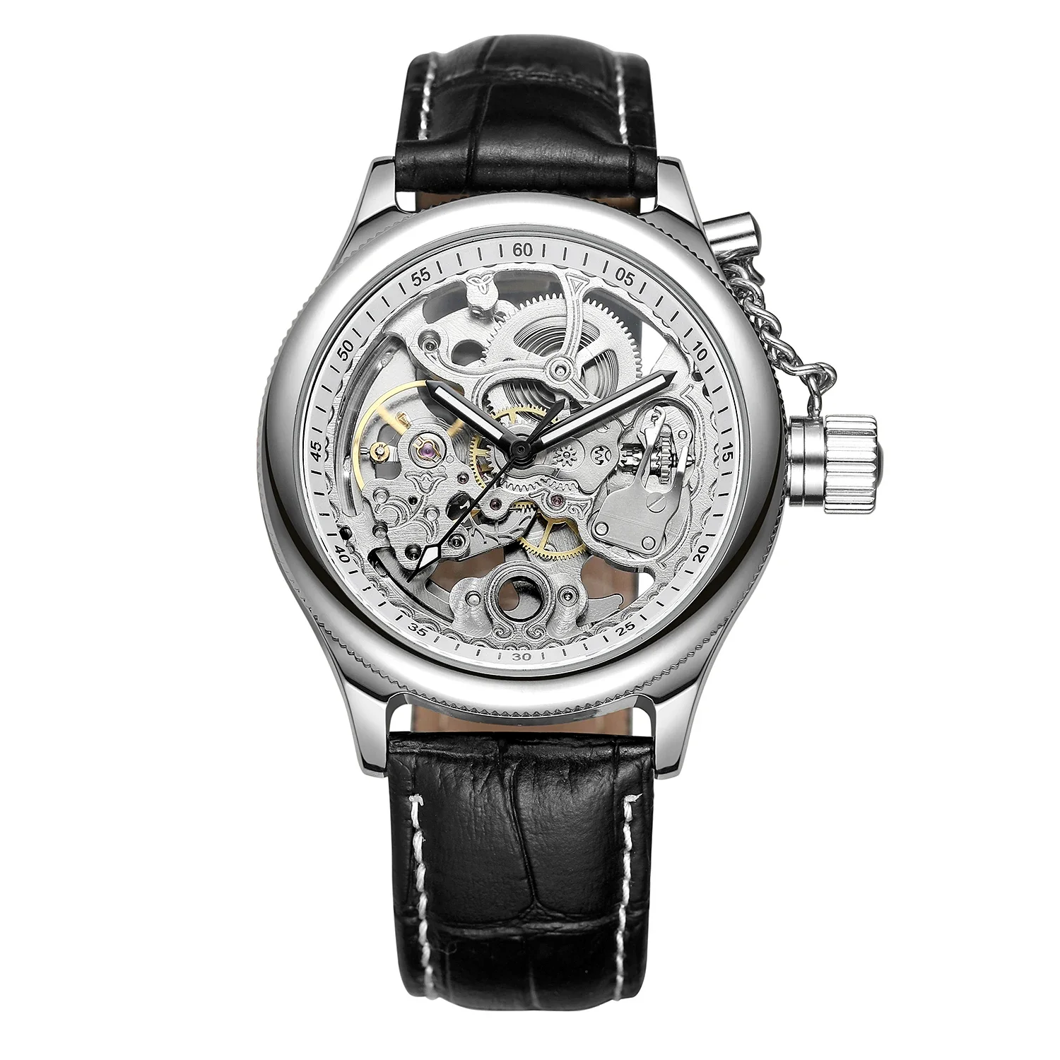 FOESINING Modische, lässige Herrenuhr, silbernes, rundes Gehäuse und Zifferblatt, schwarzes Lederarmband, automatische, mechanische Uhr, Urlaubsgeschenk_voghion.com