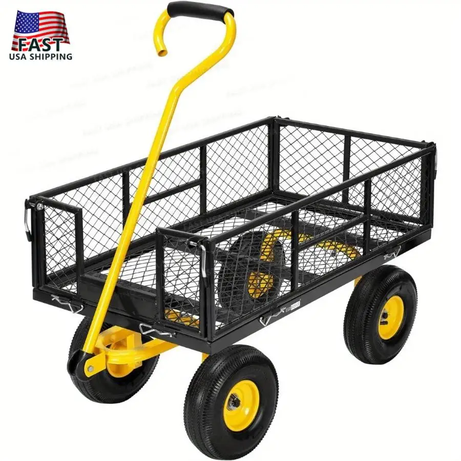 Heavy Duty 1100 lb Mesh Steel Garden Cart Folding Multifunctional Black Detachable Sides Tires