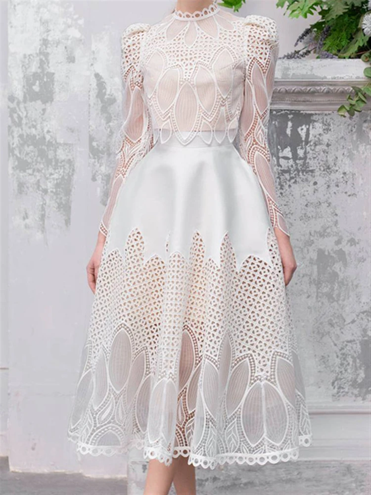 

Женский комплект из двух предметов, однотонная абрикосовая элегантная кружевная рубашка с вышивкой и длинным рукавом, Осень-зима 2022 и юбка с высокой талией для женщин