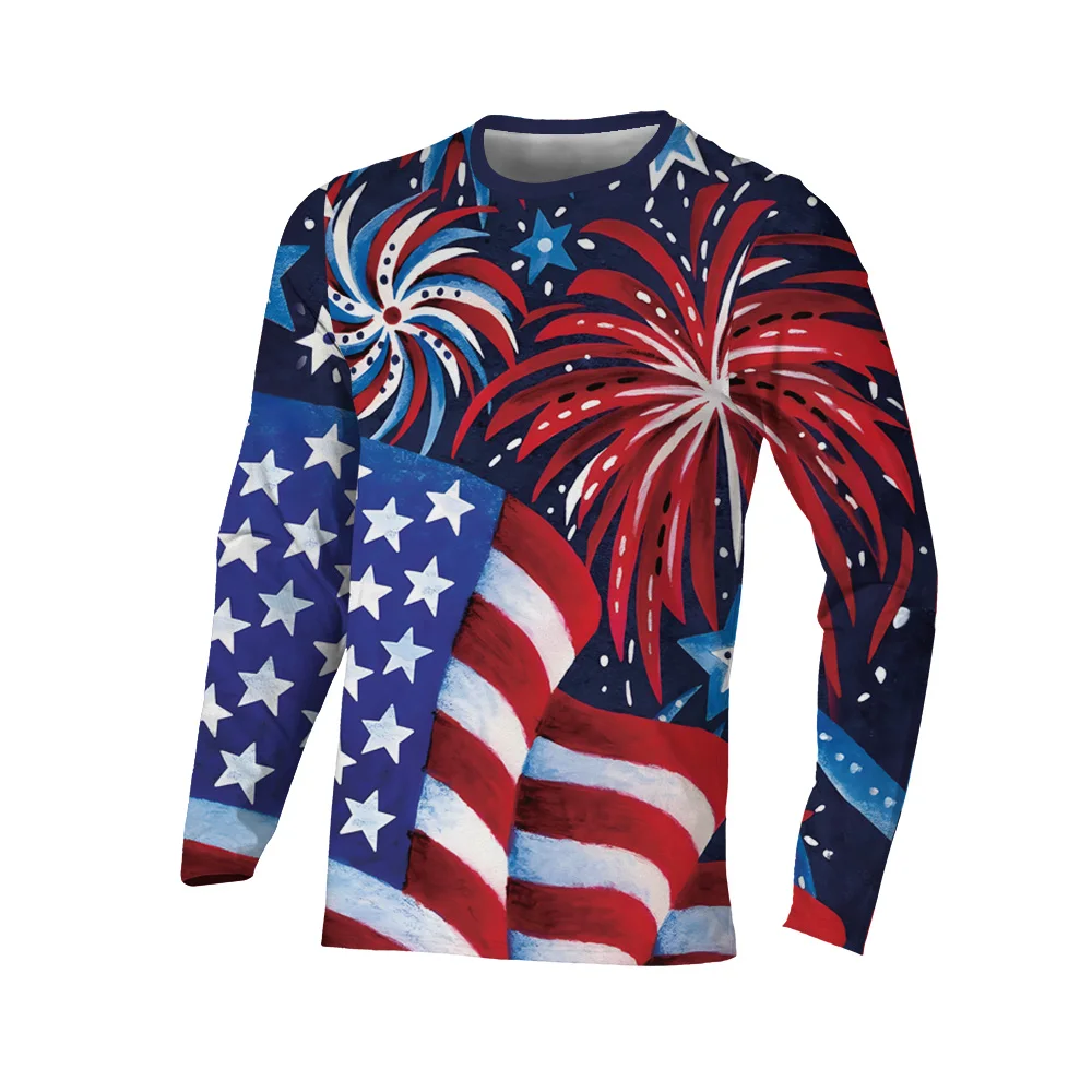 

American Flag Men's Long Sleeve T-shirt Colorful Firework Unisex Streetwear Popular Crew Neck Casual Black Hand-painted Clothing