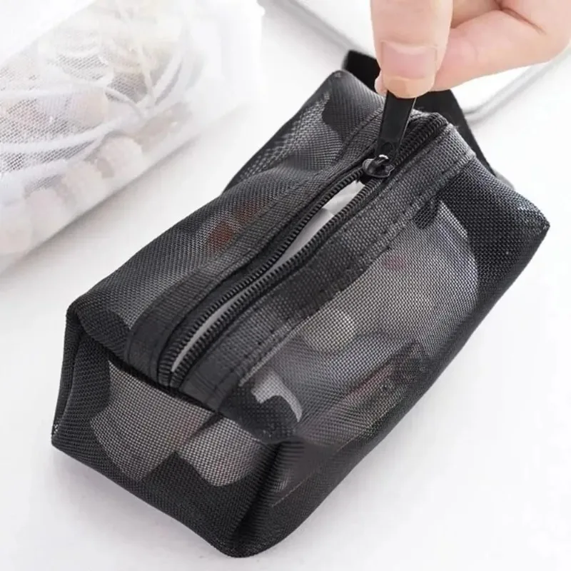 Mini Clear Nylon Mesh Cosmetic Bags Cute Women Small Lipstick Makeup Bags Pouch Data Line Key Earphone Organizer Case