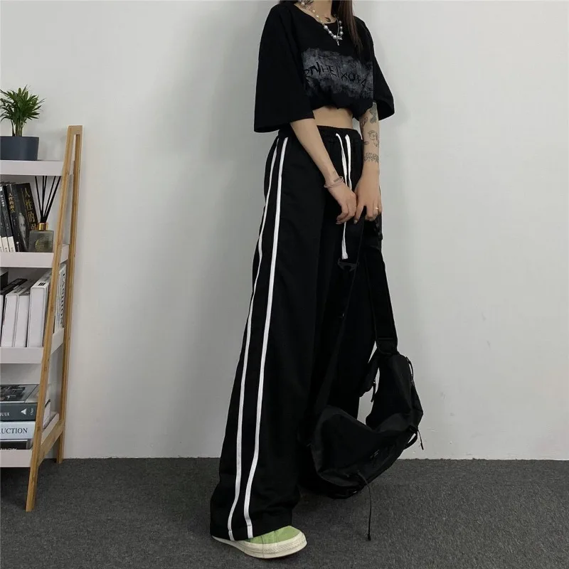 QWEEK Baggy Jogger Black Sweatpants Sports Korean Fashion Striped Women's Pants Jogging Casual Wide Leg Trousers Summer Thin