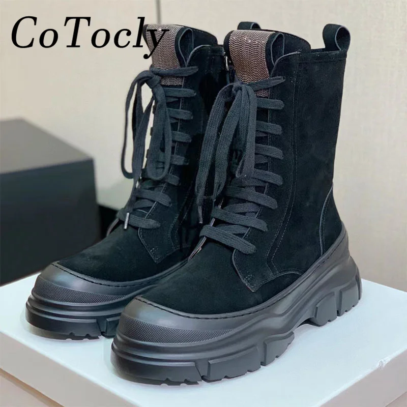 

Luxury Cow Suede Motorcycle Boots Women Round Toe Lace Up Flat Platform Shoes Female Thick Sole String Bead Knight Boots Woman