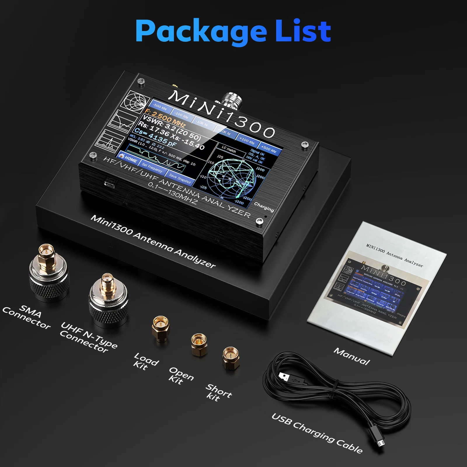 Upgraded Mini 1300 Antenna Analyzer 4.3 Inch 0.1-1300MHz HF VHF UHF Antenna Analyzer with SMA Calibration Network