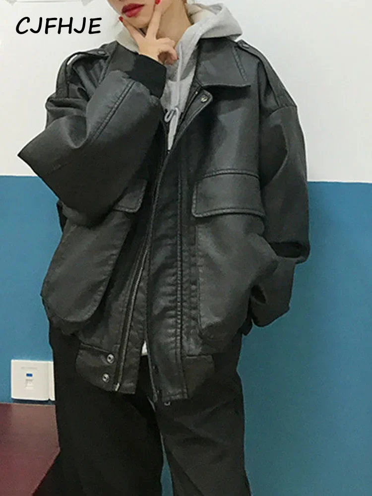 CJFHJE Streetwear Oversize Black Leather Jacket Women Fashion Pu Zipper Biker Jacket Female Loose Warm Pocket Faux Leather Coat