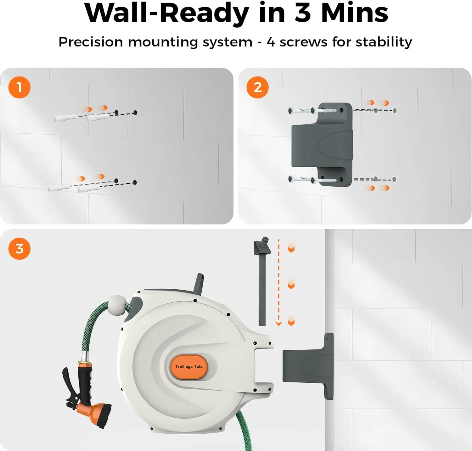 Heavy Duty Retractable Garden Hose Reel 1/2 in x 100 ft, Auto-Rewind & Any Length Lock,180° Swivel Wall Mount, 10 Spray Patterns