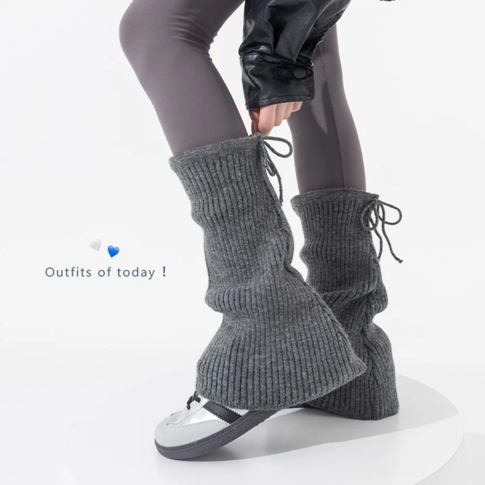 New Solid Color Leg Warmers Knitted Bow Thickened Mid-Calf Sock Harajuku Pile Sock Autumn and Winter