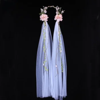 Fascia per copricapo con ghirlanda da donna con velo rosa da sposa bianco per la decorazione del trucco della data, corona di fiori