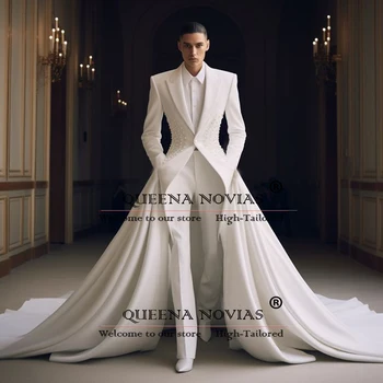 Abiti da sposa squisiti con strascico spostato Uomo Abiti da festa formali Smoking Perle personalizzate Giacca Pantaloni 2 pezzi Set Abiti da uomo