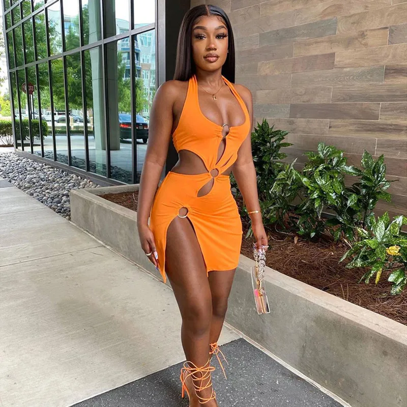 

Сексуальное мини-платье с открытой спиной в пляжном стиле, освежающее тонкое оранжевое платье с разрезом и металлическими кольцами, модная одежда в стиле Харадзюку Y2k, лето 2024